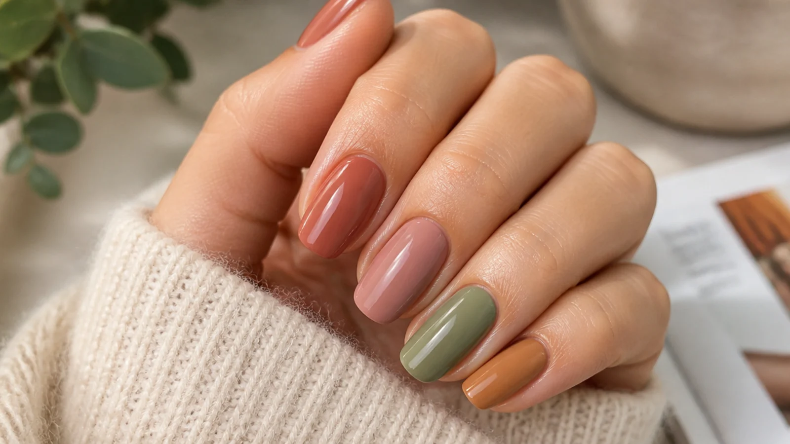 September transition nail swatches in terracotta dusty rose sage and caramel between summer and fall