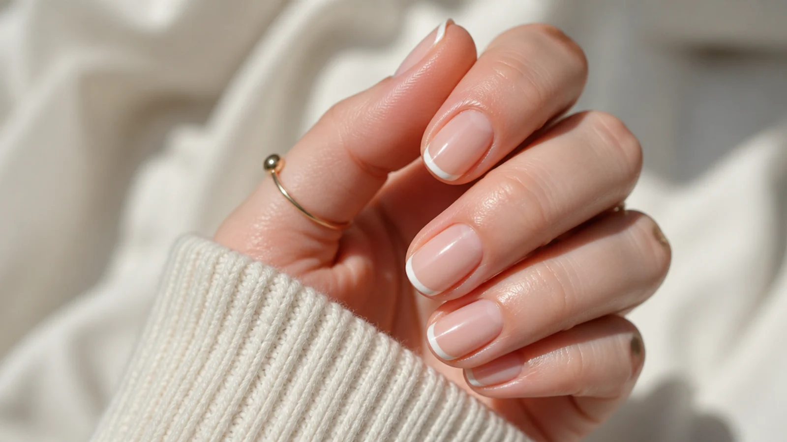 Short almond nails with a hairline micro French tip on a bare natural nail base