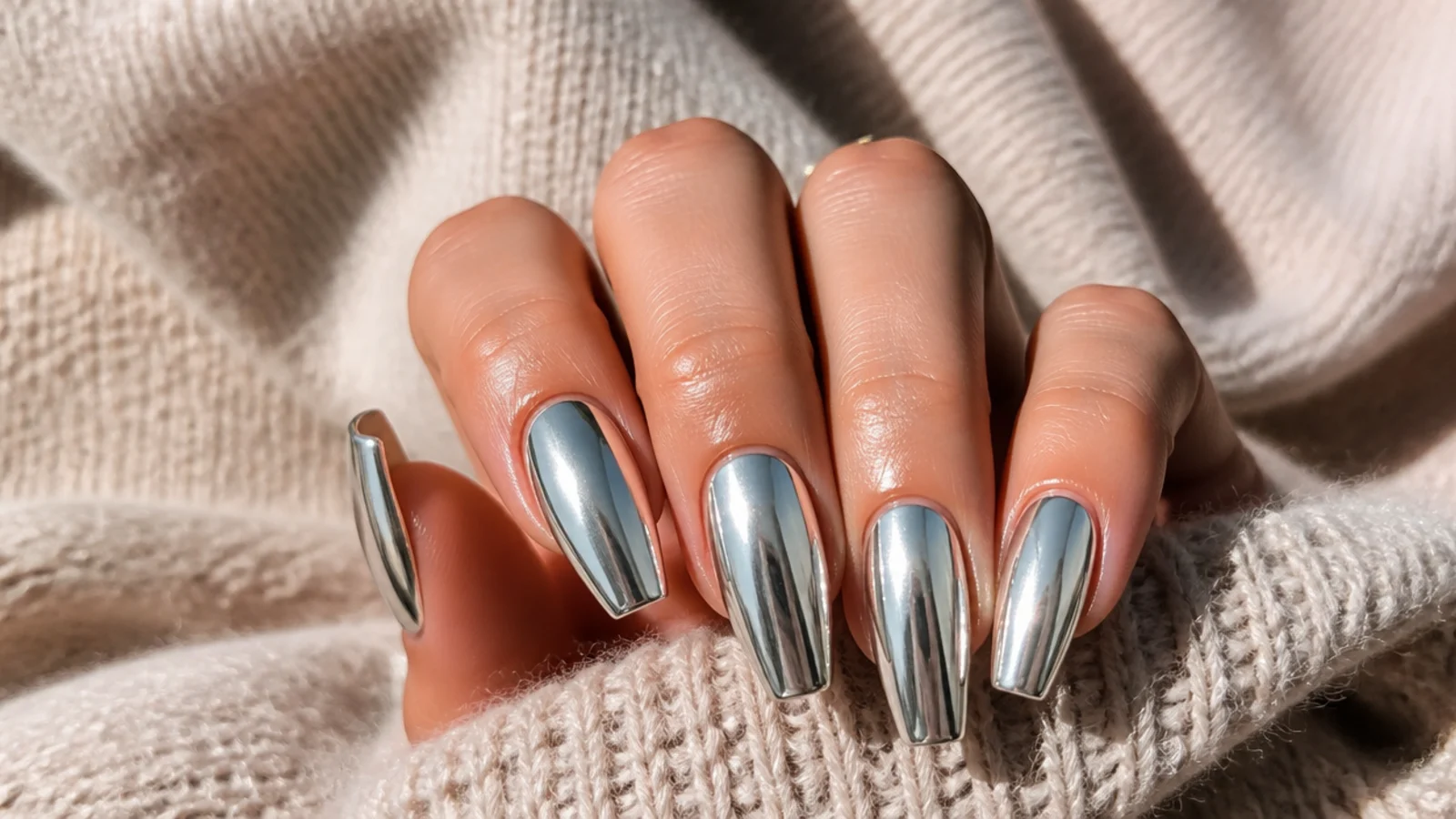Medium coffin nails with a liquid silver chrome mirror finish and tapered sidewalls