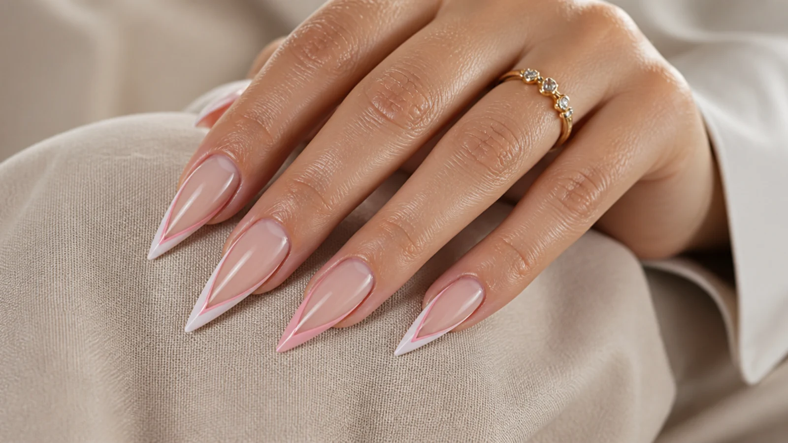 Long stiletto nails with a clear negative space center and thin painted side outlines