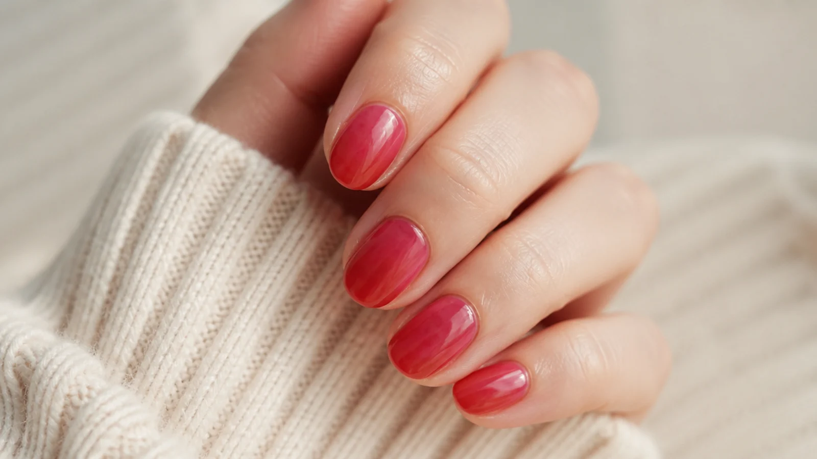 Short oval nails in translucent cherry jelly with the natural nail visible through the color