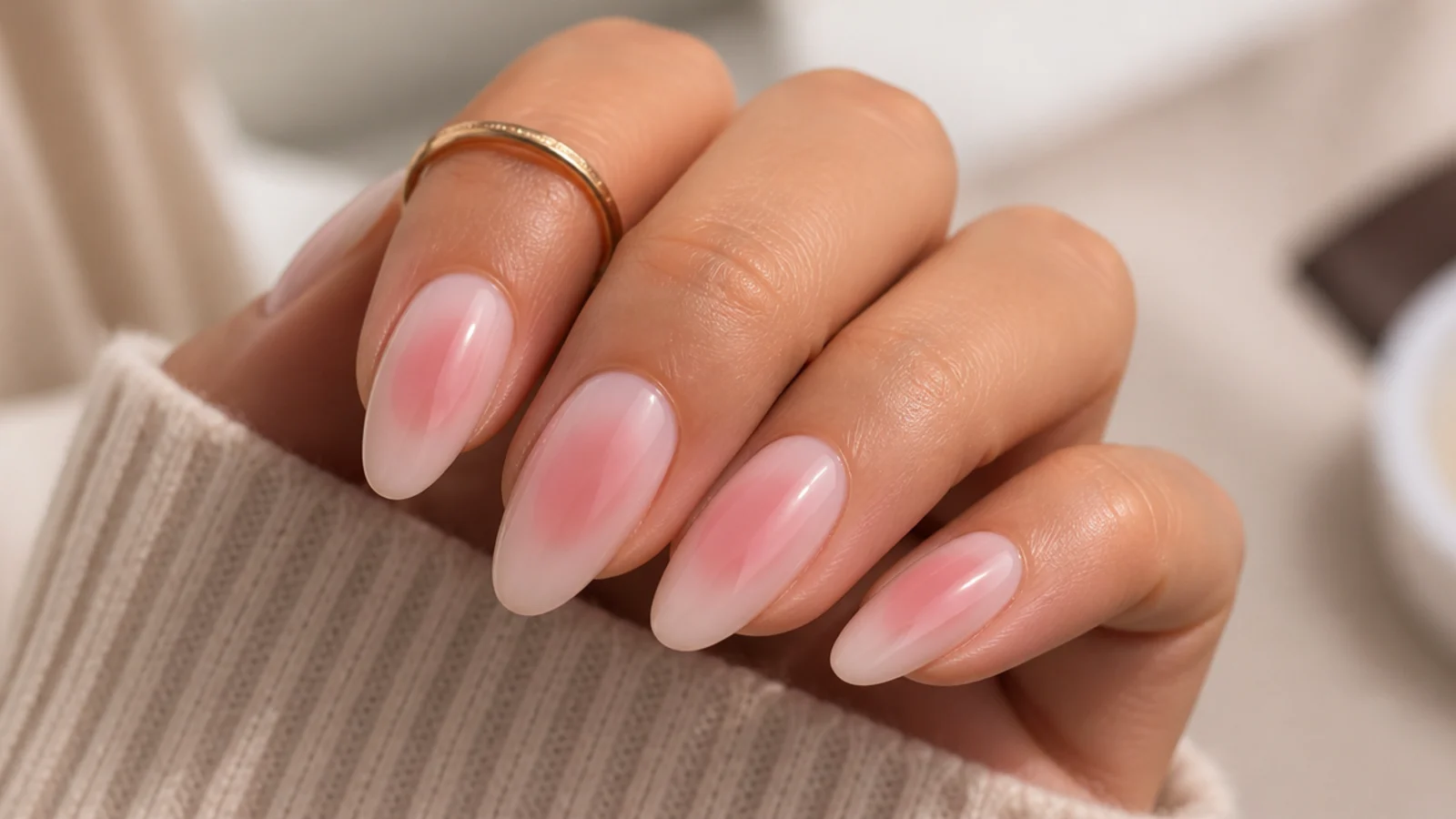Long almond nails with a pink aura halo airbrushed into the center of a pale nude base