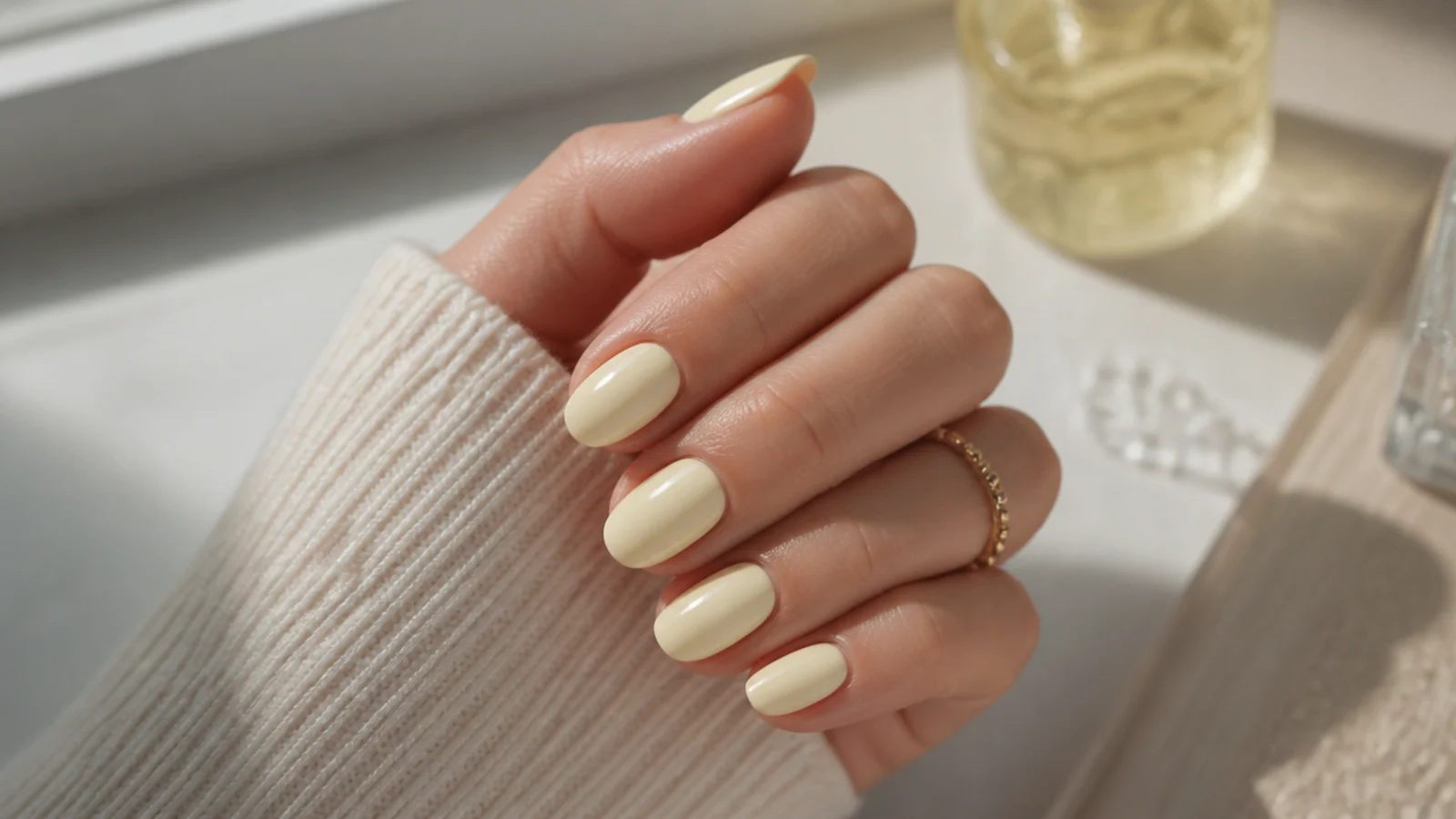 Short almond nails in soft butter yellow cream with a glossy finish