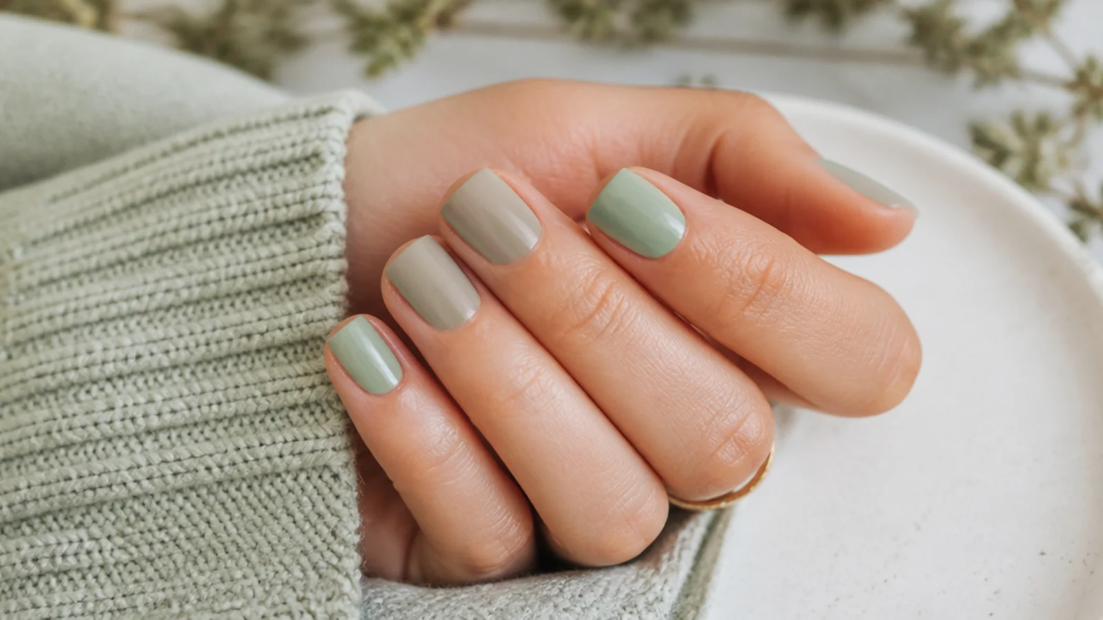 Short square nails in muted sage green cream with a soft matte-glossy finish