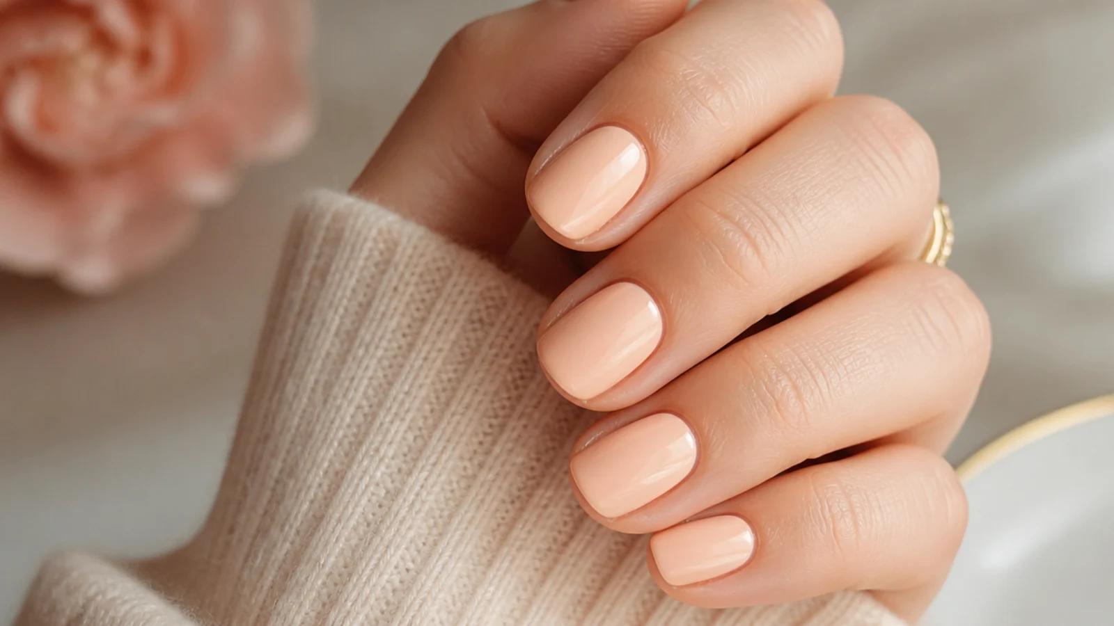 Short oval nails in soft peach cream with a warm glossy finish
