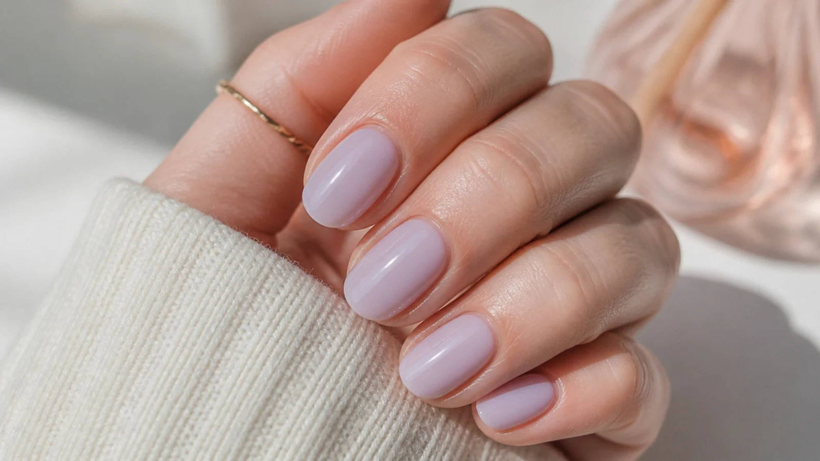 Short almond nails in sheer milky lilac with a soft translucent finish