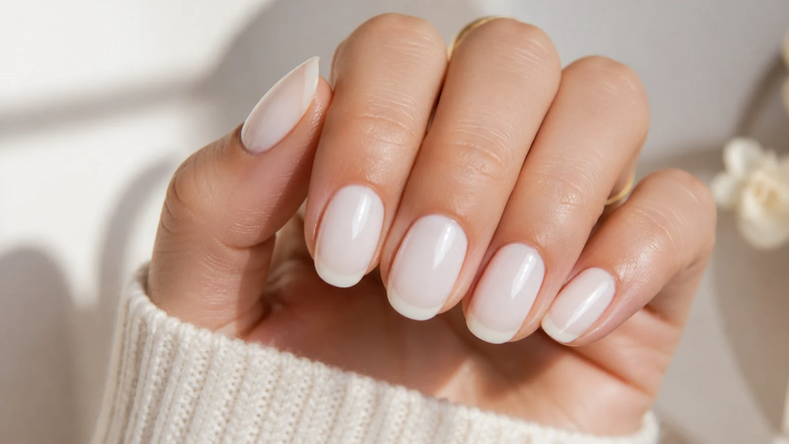 Short almond nails in milky coconut white with a soft cream free edge and high gloss