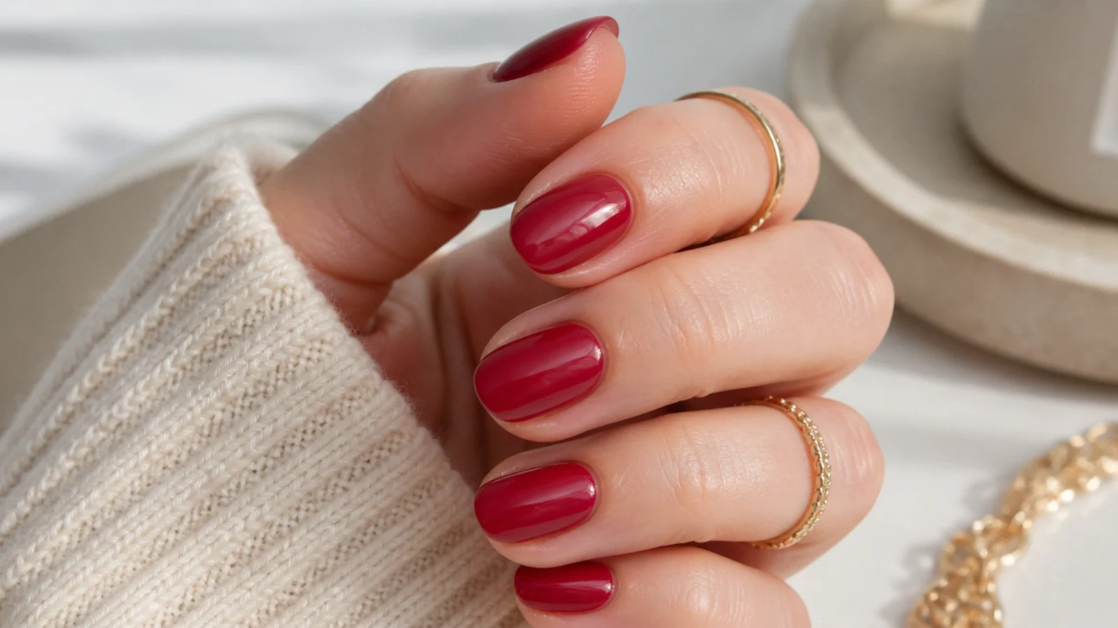 Short almond nails in translucent cherry red jelly with the natural nail showing through