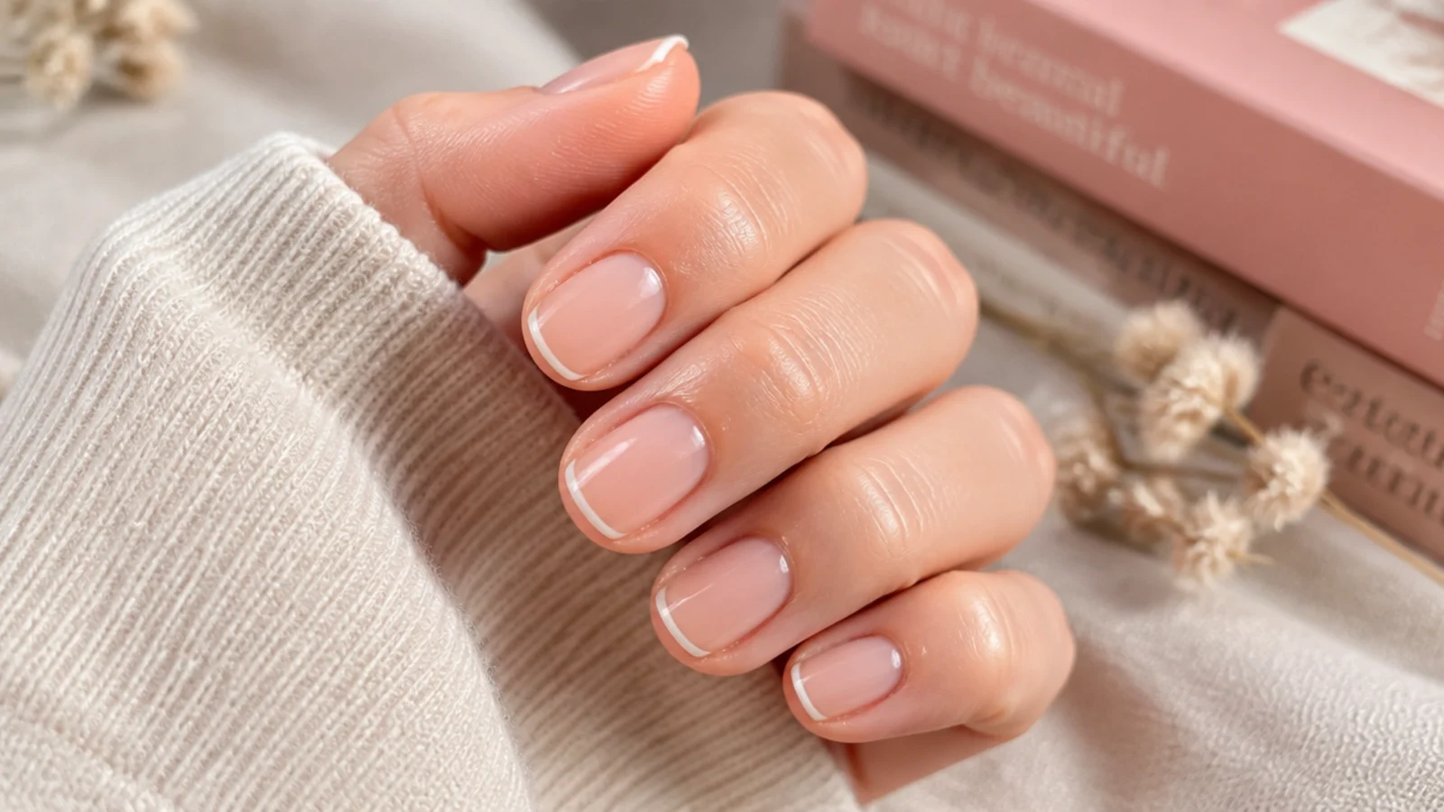 Short square nails with a 1mm hairline white micro French tip on a bare nail