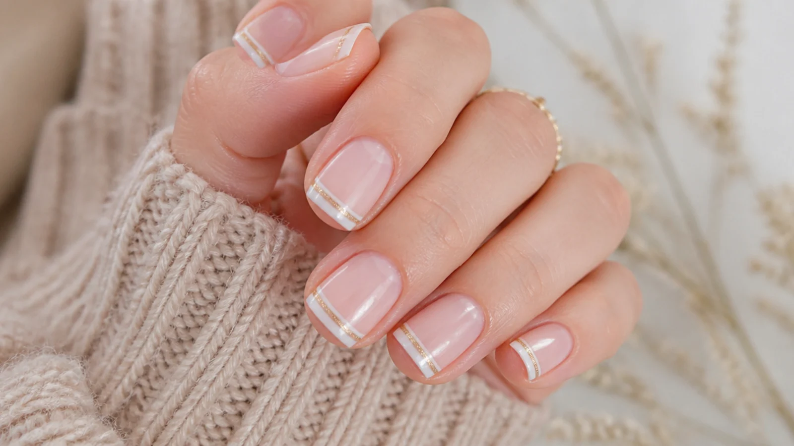 Short square nails with two thin parallel French tip lines in white and gold
