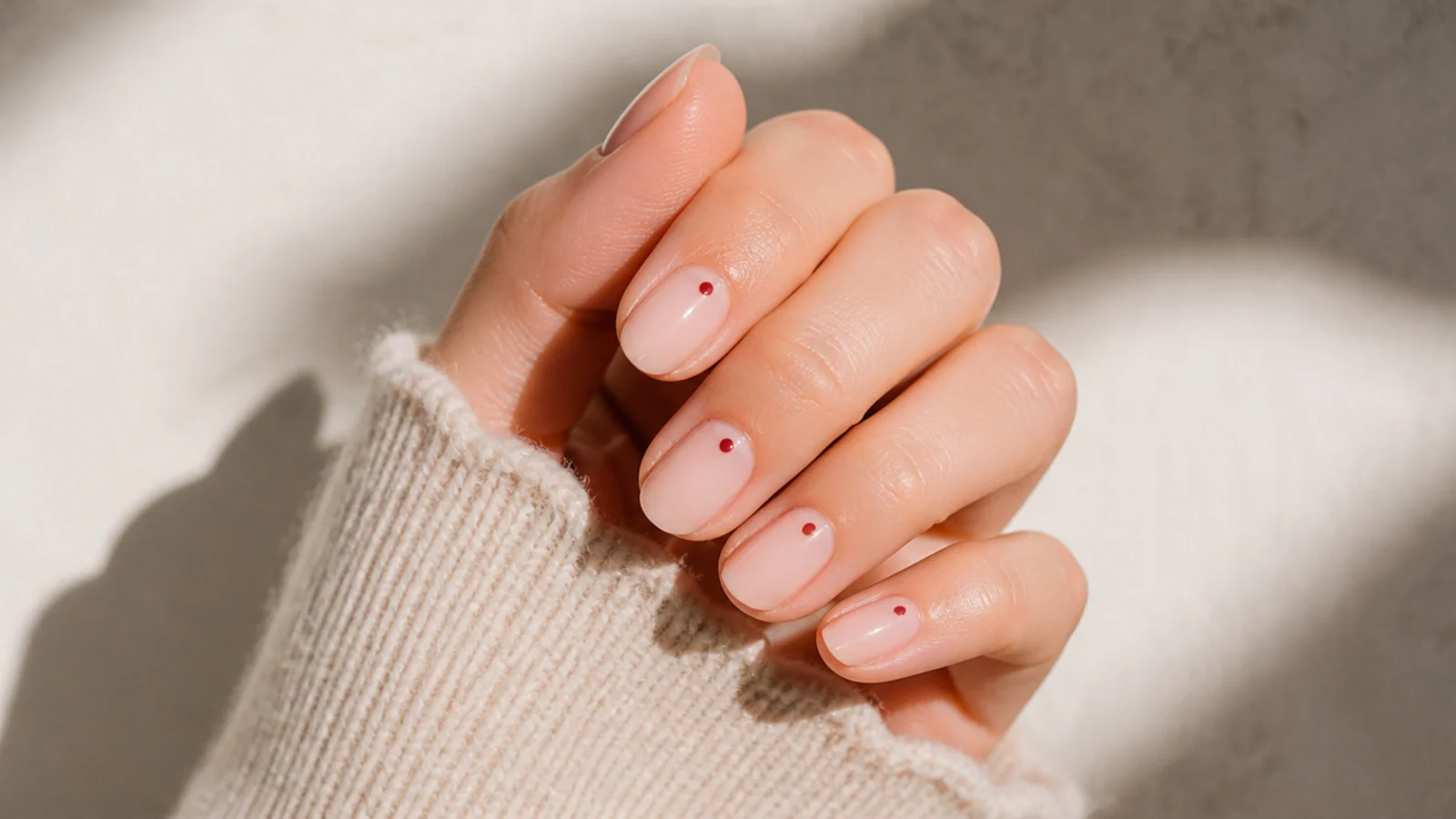 Short almond nails with a single tiny painted dot on an otherwise bare natural nail