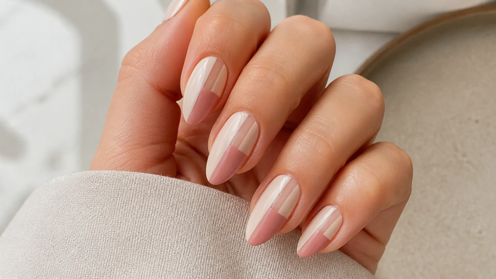 Medium almond nails with a color block and a bare cutout stripe of natural nail