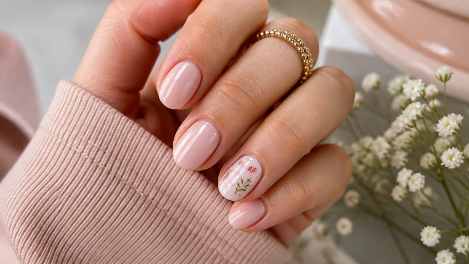 Short almond nails with tiny hand-painted flowers on one accent nail over a milky base