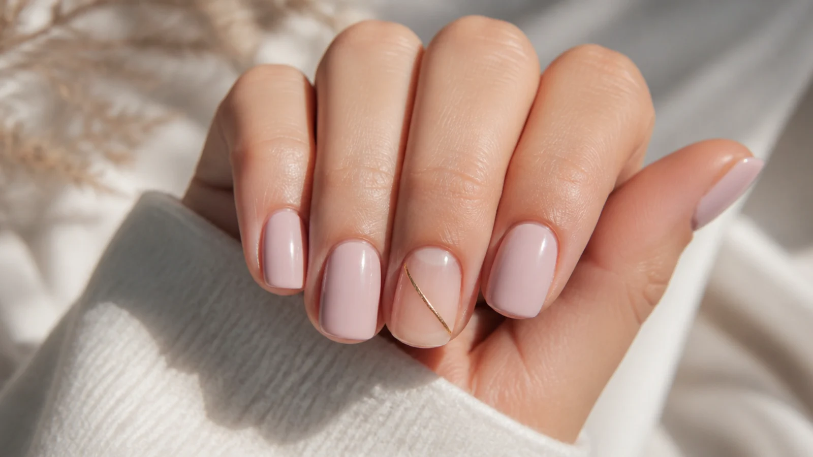 Short square nails with one thin diagonal gold line across a bare nail