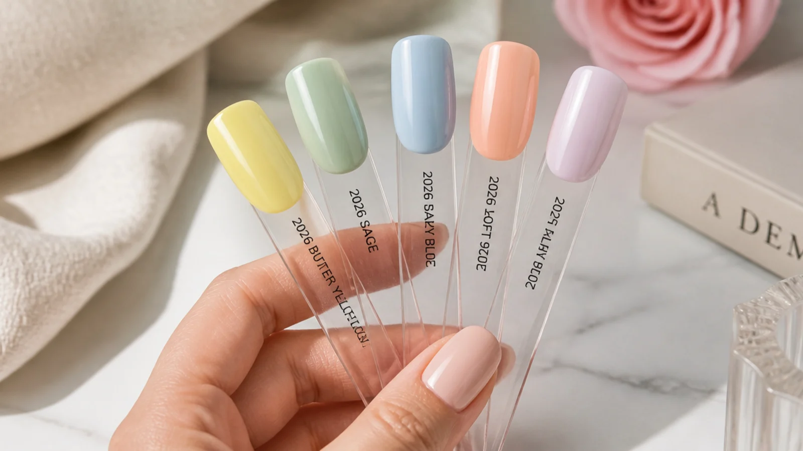Swatch fan of 2026 nail colors including butter yellow, sage, baby blue, soft peach and milky lilac
