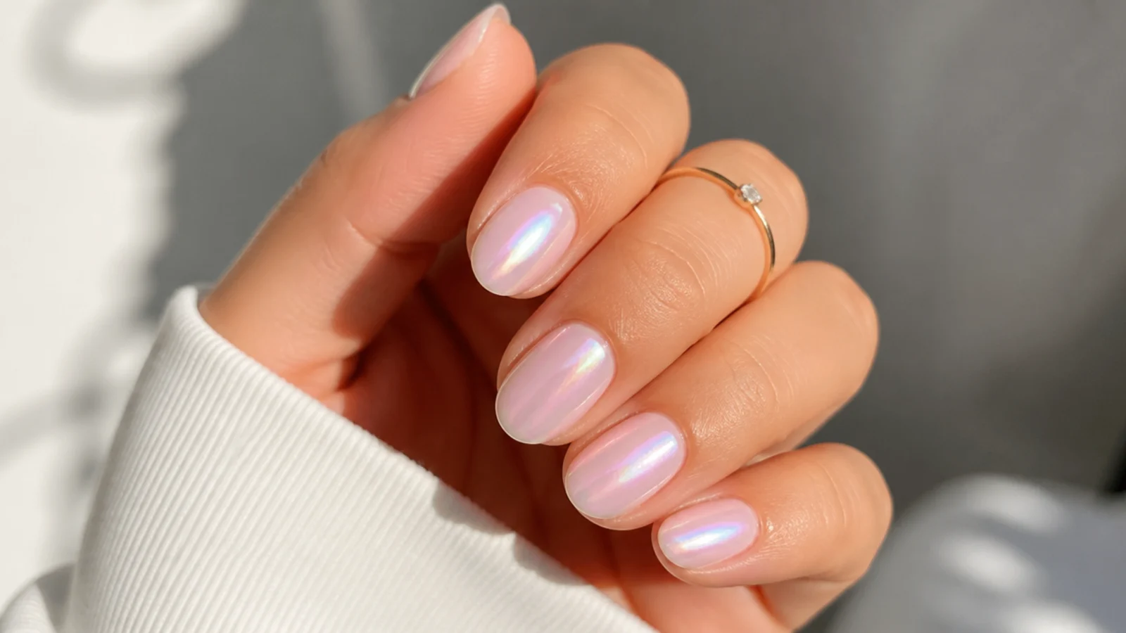 Short almond nails with a pearl aurora glazed donut chrome finish over a milky base
