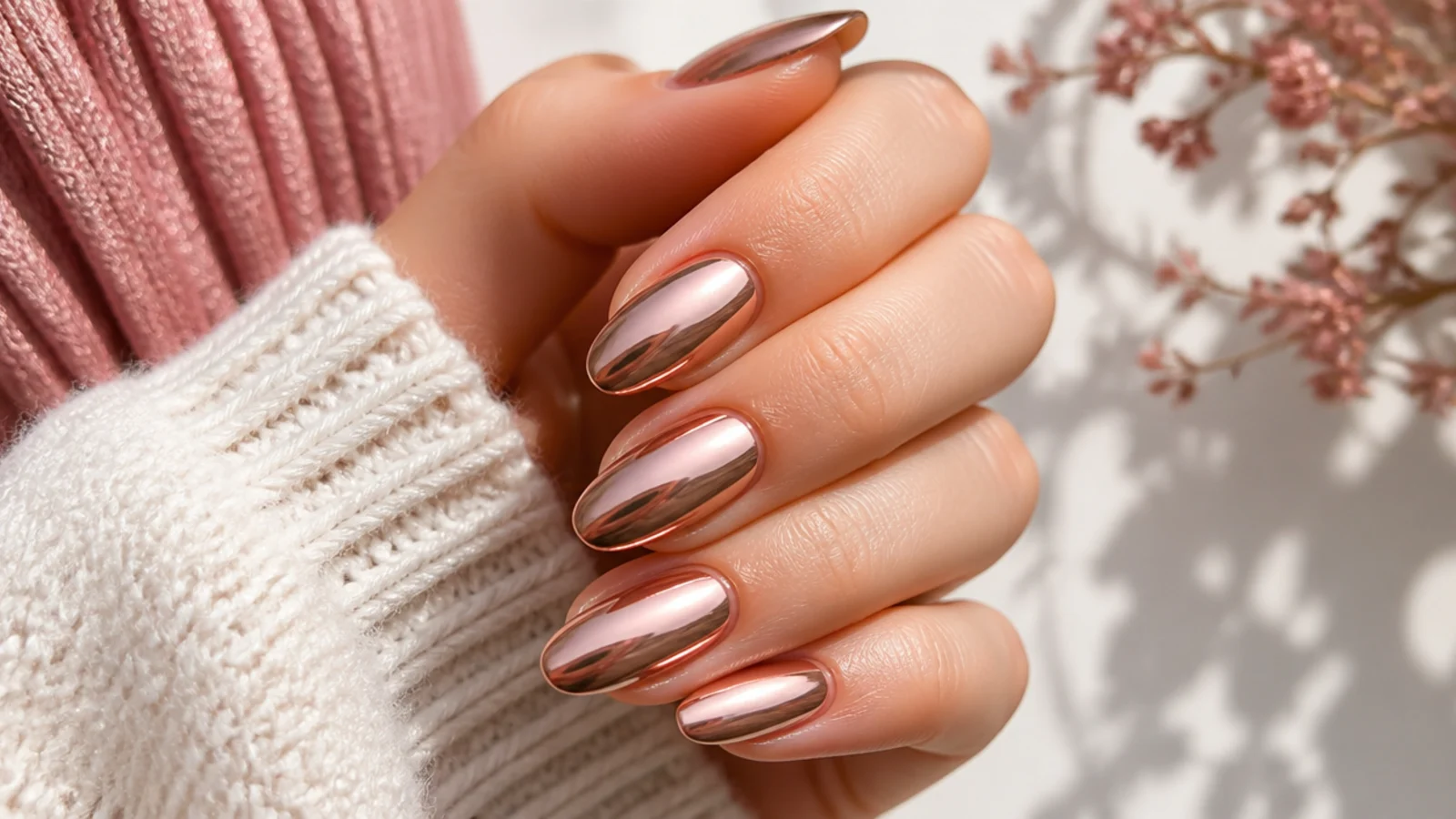 Long almond nails in warm rose gold chrome with a metallic mirror sheen