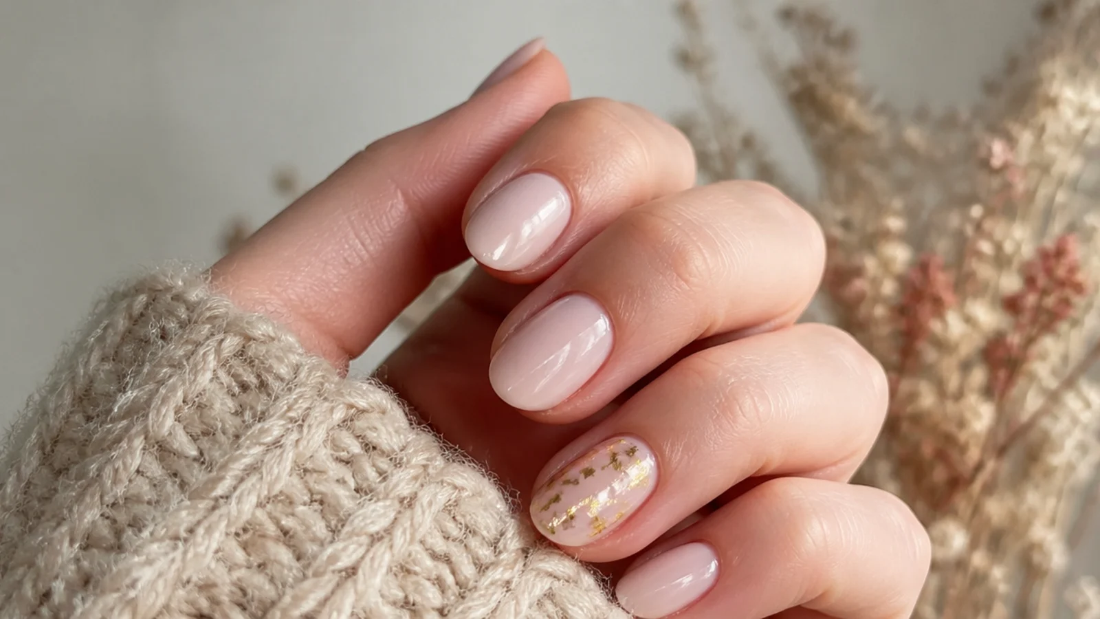Short almond nails with torn gold leaf foil fragments sealed on one accent nail