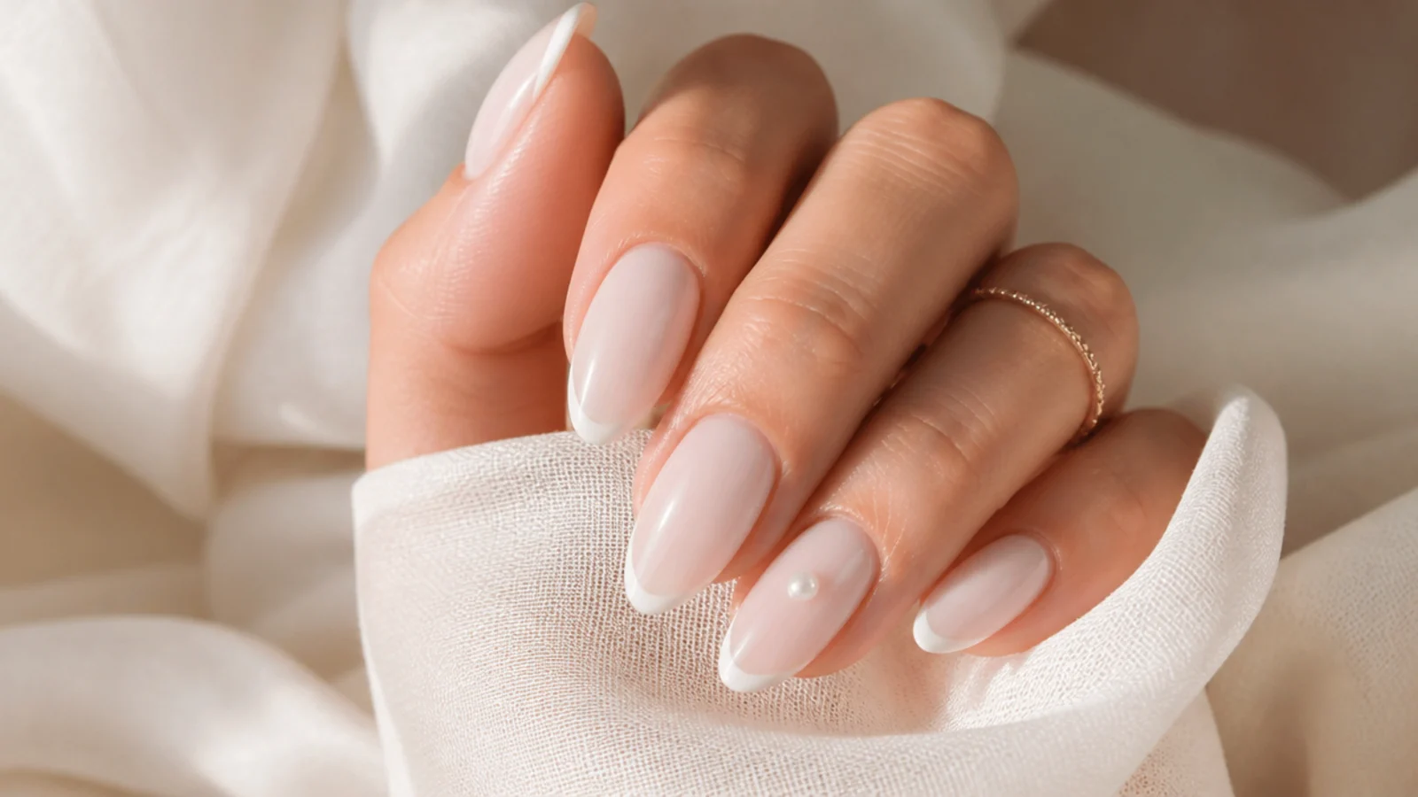 Medium almond nails in bridal milky white with a delicate micro French and tiny pearl accent