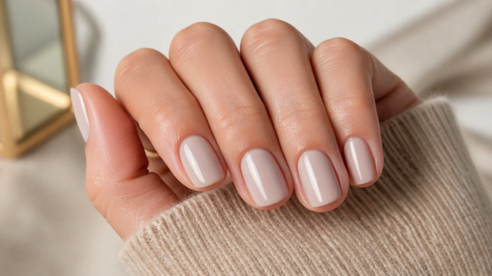 Short square nails in a sheer greige neutral with a clean glossy finish for work