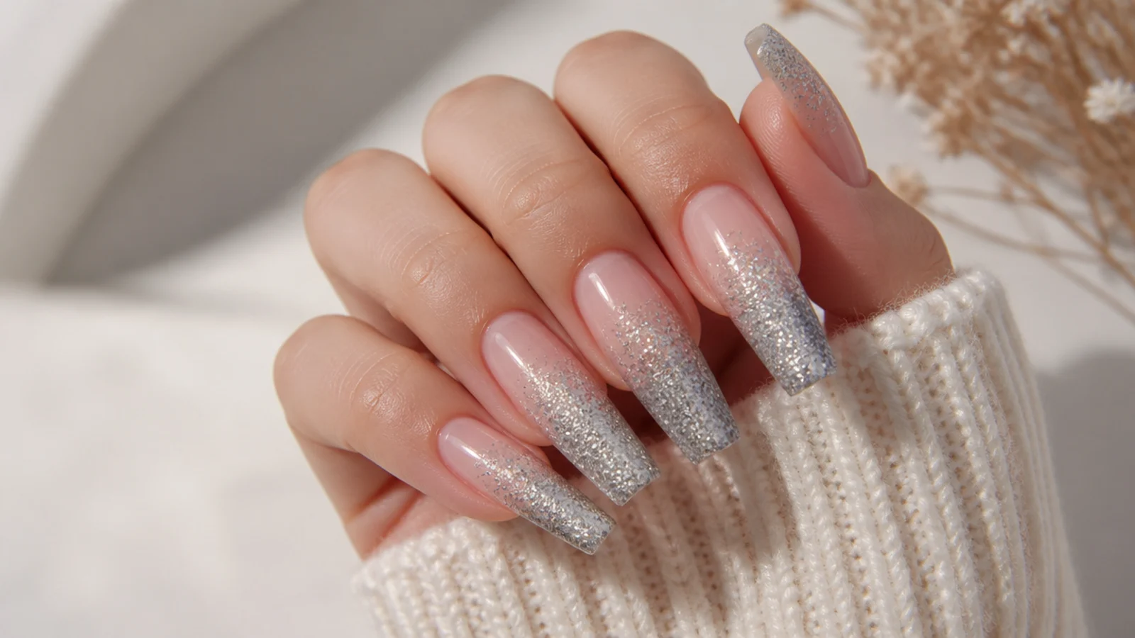 Long coffin nails with a silver glitter gradient fading from the tip toward a nude base