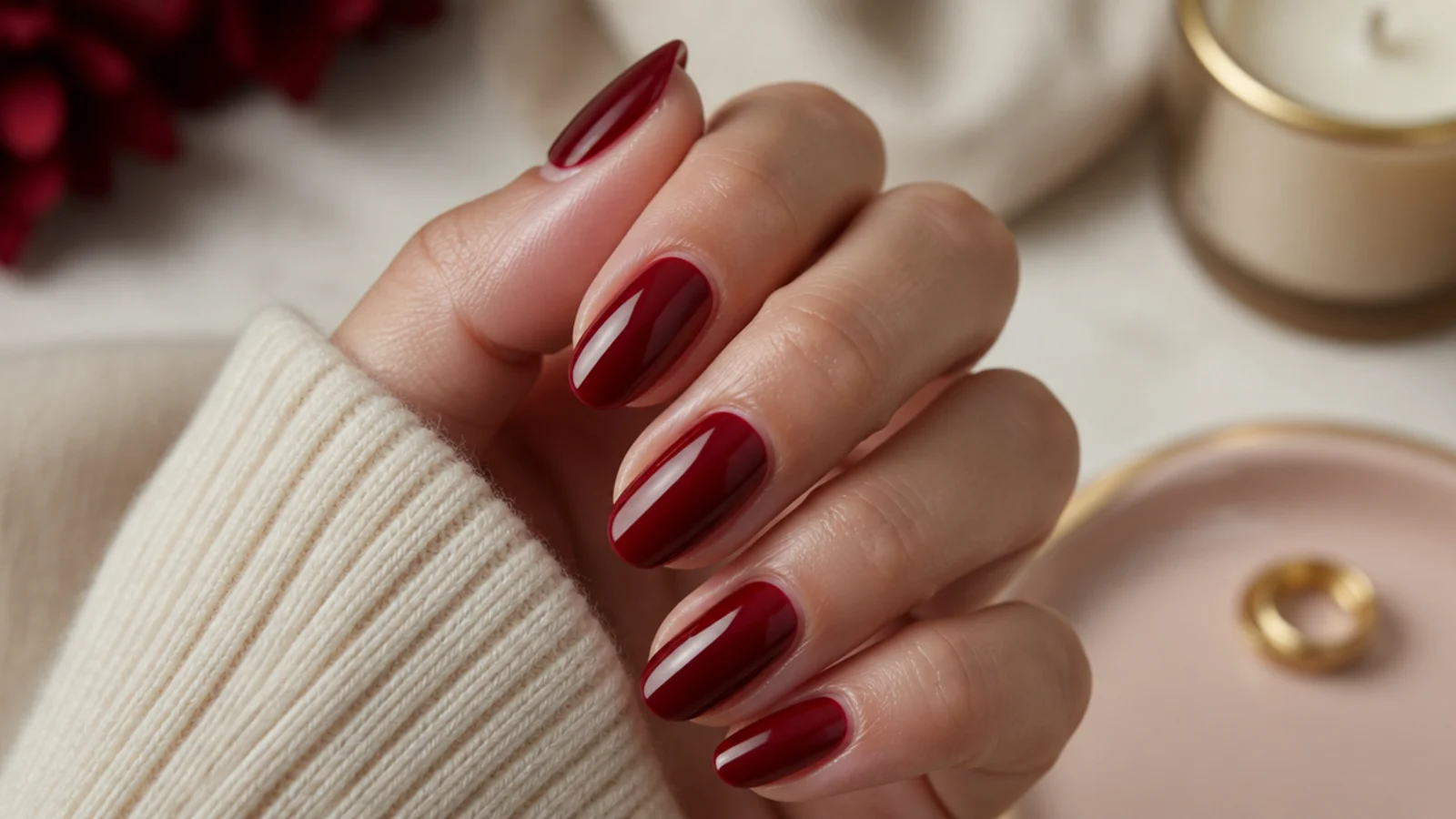 Medium almond nails in deep cranberry red with a rich glossy finish for the holidays