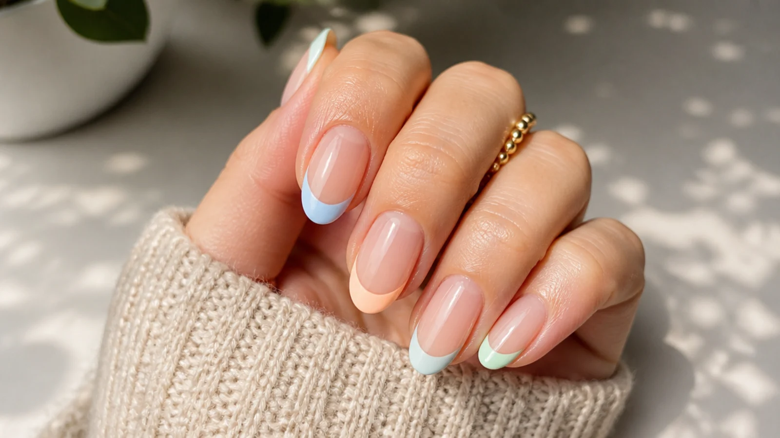 Short almond nails with pastel French tips alternating baby blue, peach and mint