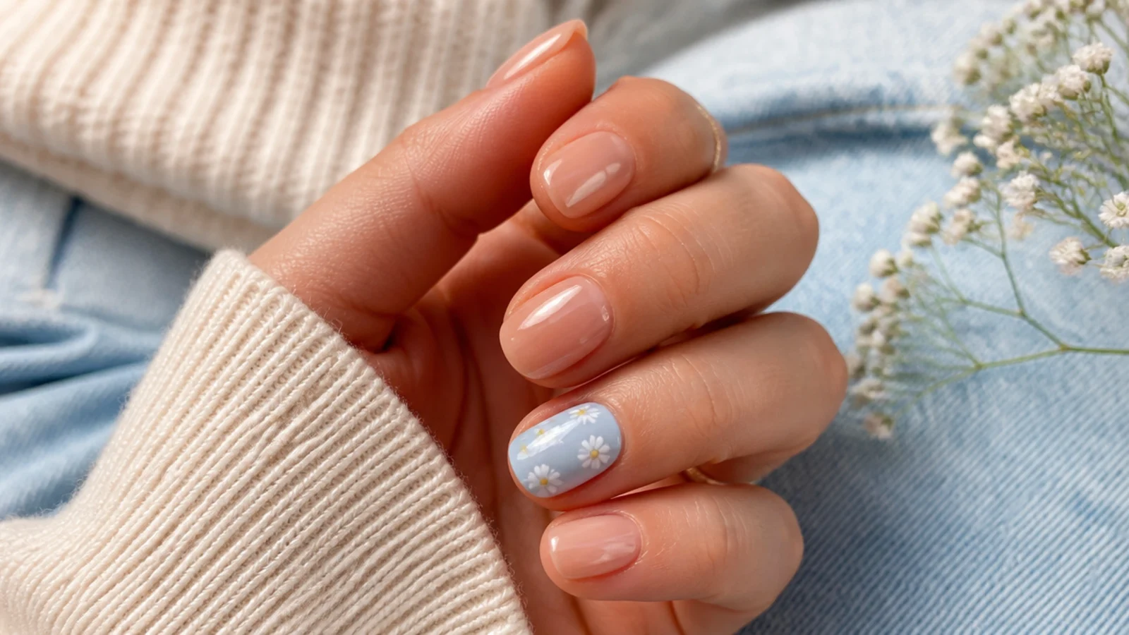 Short almond nails with tiny white daisies on one accent nail over a baby blue base