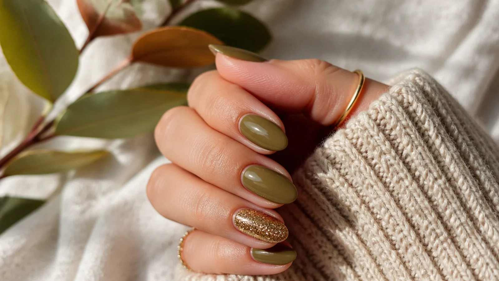 Short almond nails in muted olive green with a single gold accent for fall
