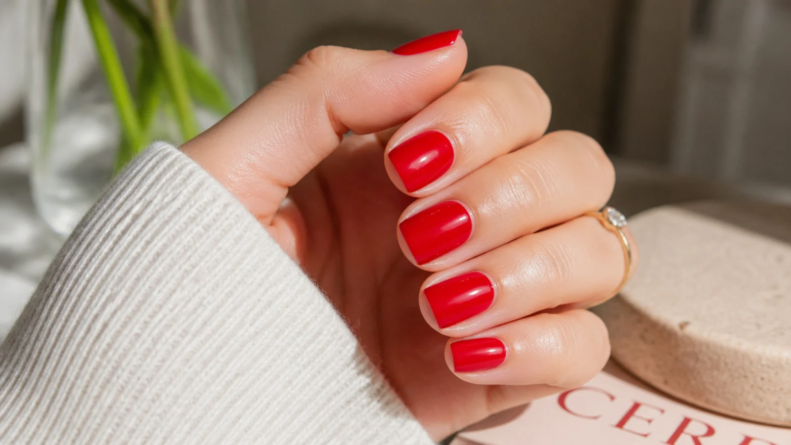 Short square nails in glossy blue-based cherry red with a clean opaque finish