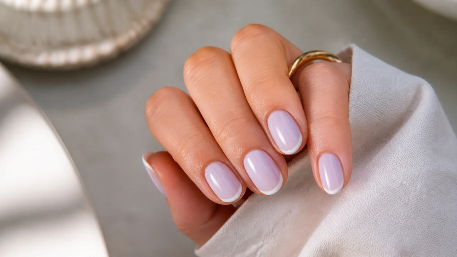 Short almond nails in milky lilac with a hairline micro French tip and glossy finish for 2026