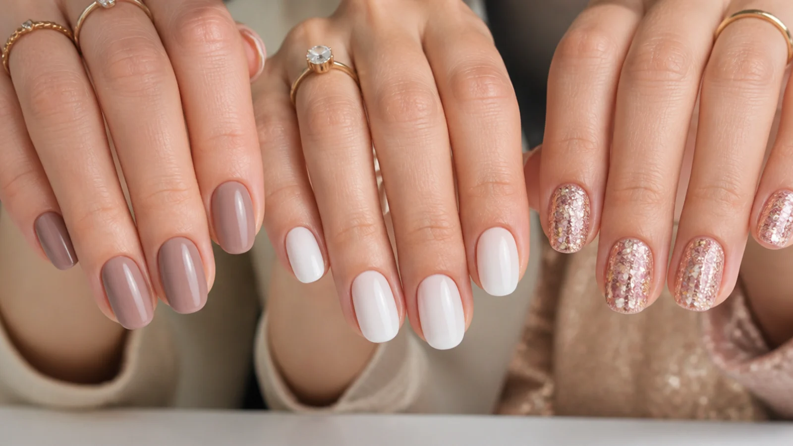 Three hands showing a work neutral, a bridal milky white and a party glitter nail design