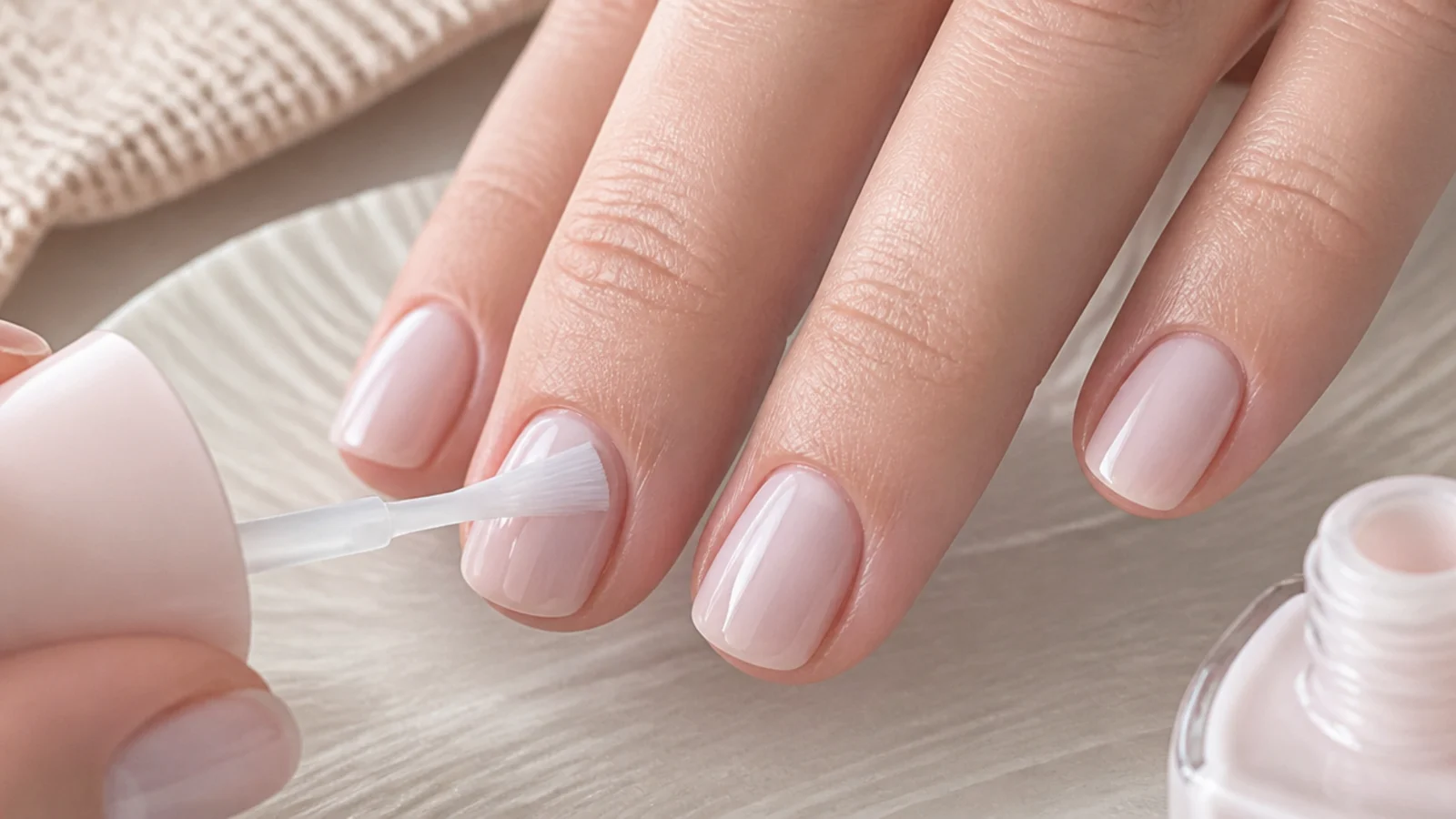 Close-up of a nail being painted with a thin sheer milky coat showing even coverage