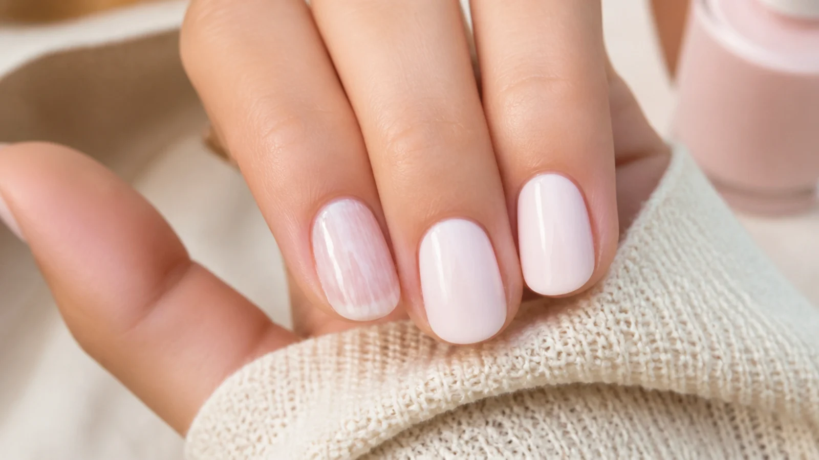 Two nails compared, one with streaky patchy milky polish and one applied smooth and even