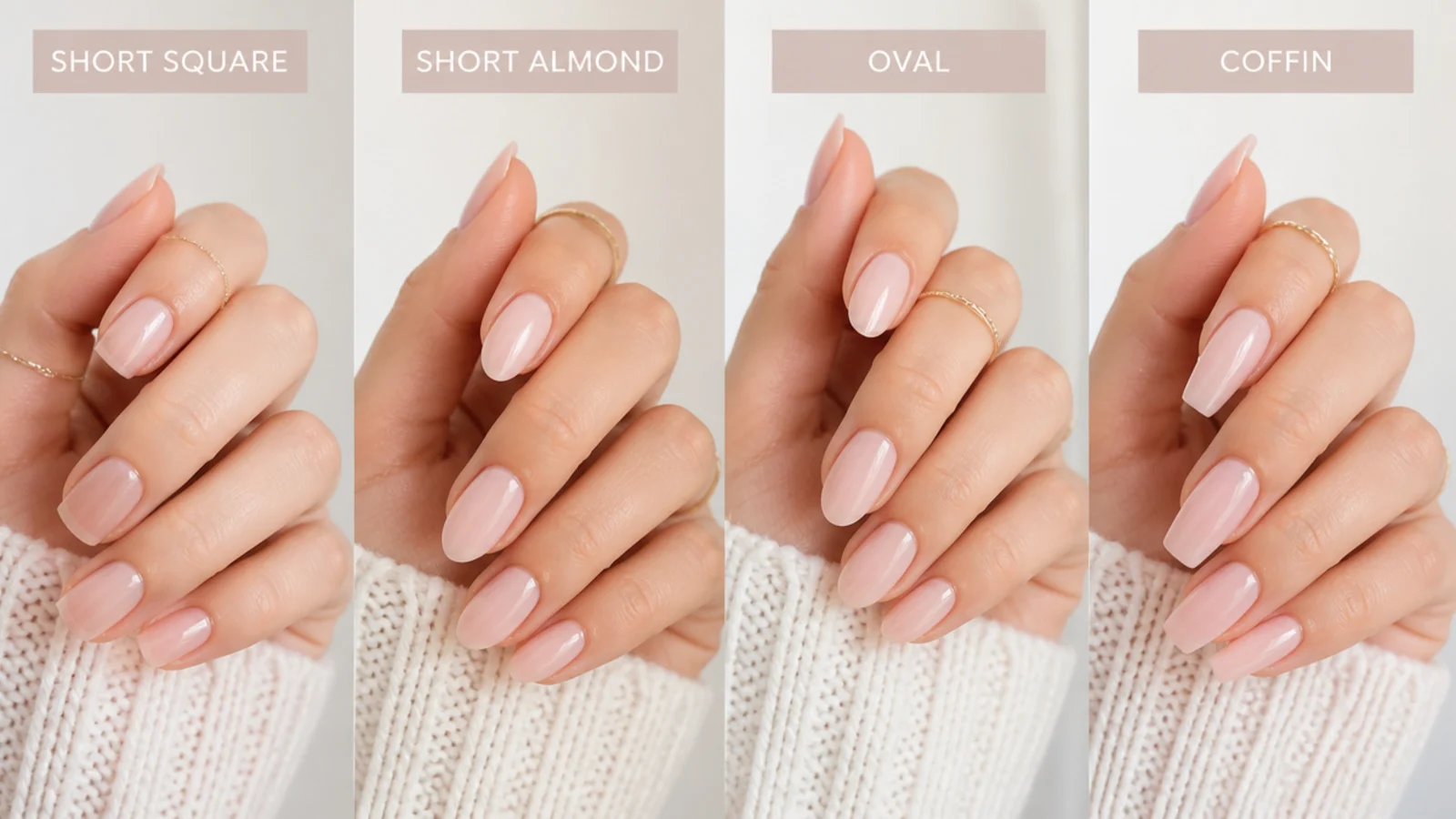 Four hands compared showing short square, short almond, oval and coffin nail shapes