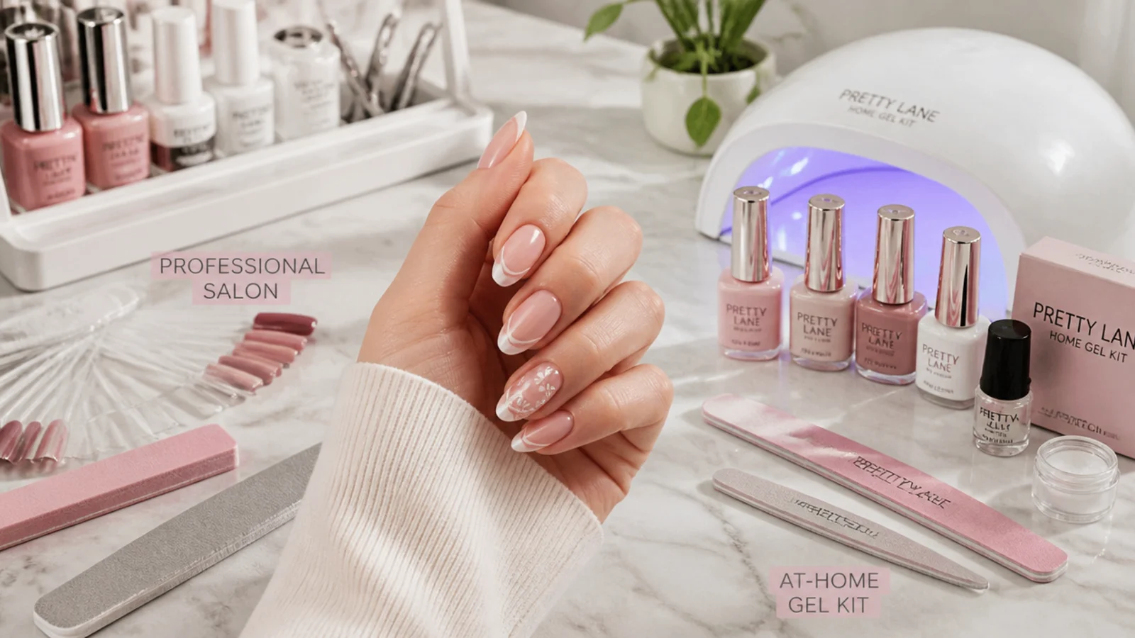 Nail salon station beside an at-home gel kit with lamp, polishes and files