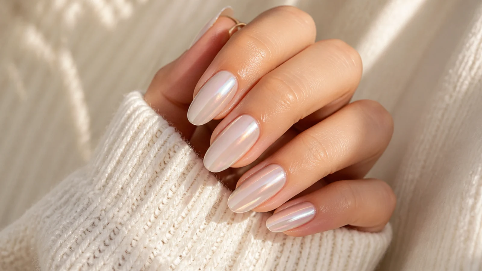 Almond glazed donut nails with a pearly iridescent chrome sheen over a milky base