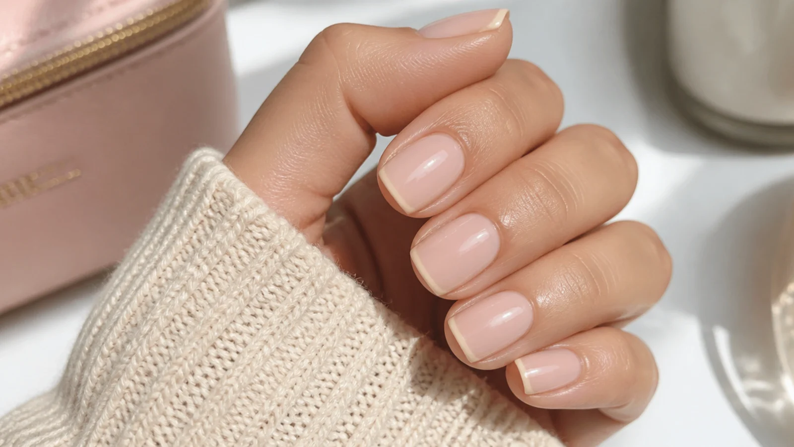 Short square hidden French manicure with a barely-there cream tip on a nude base