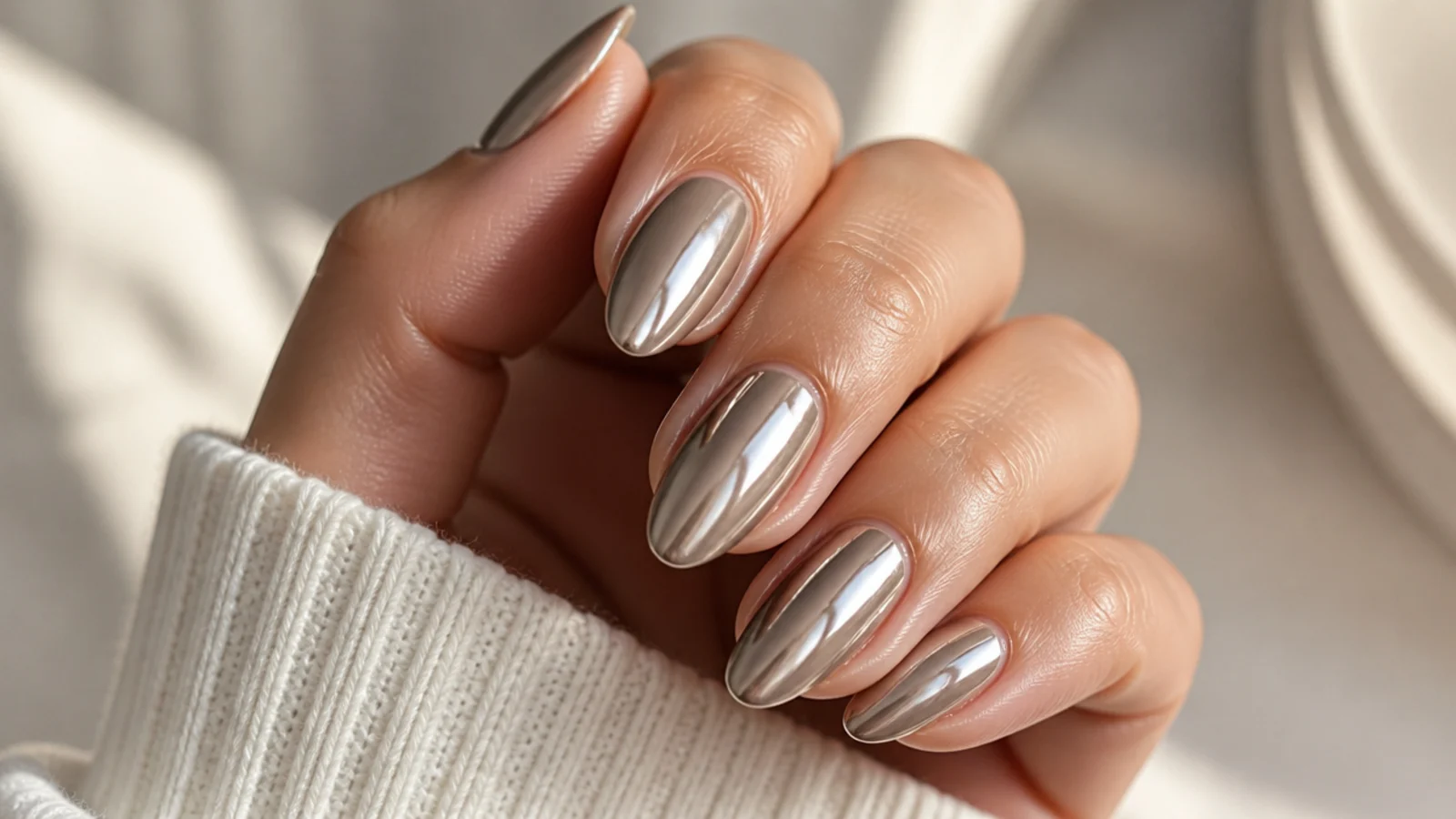 Almond chrome neutral nails in a soft taupe mirror finish catching the light