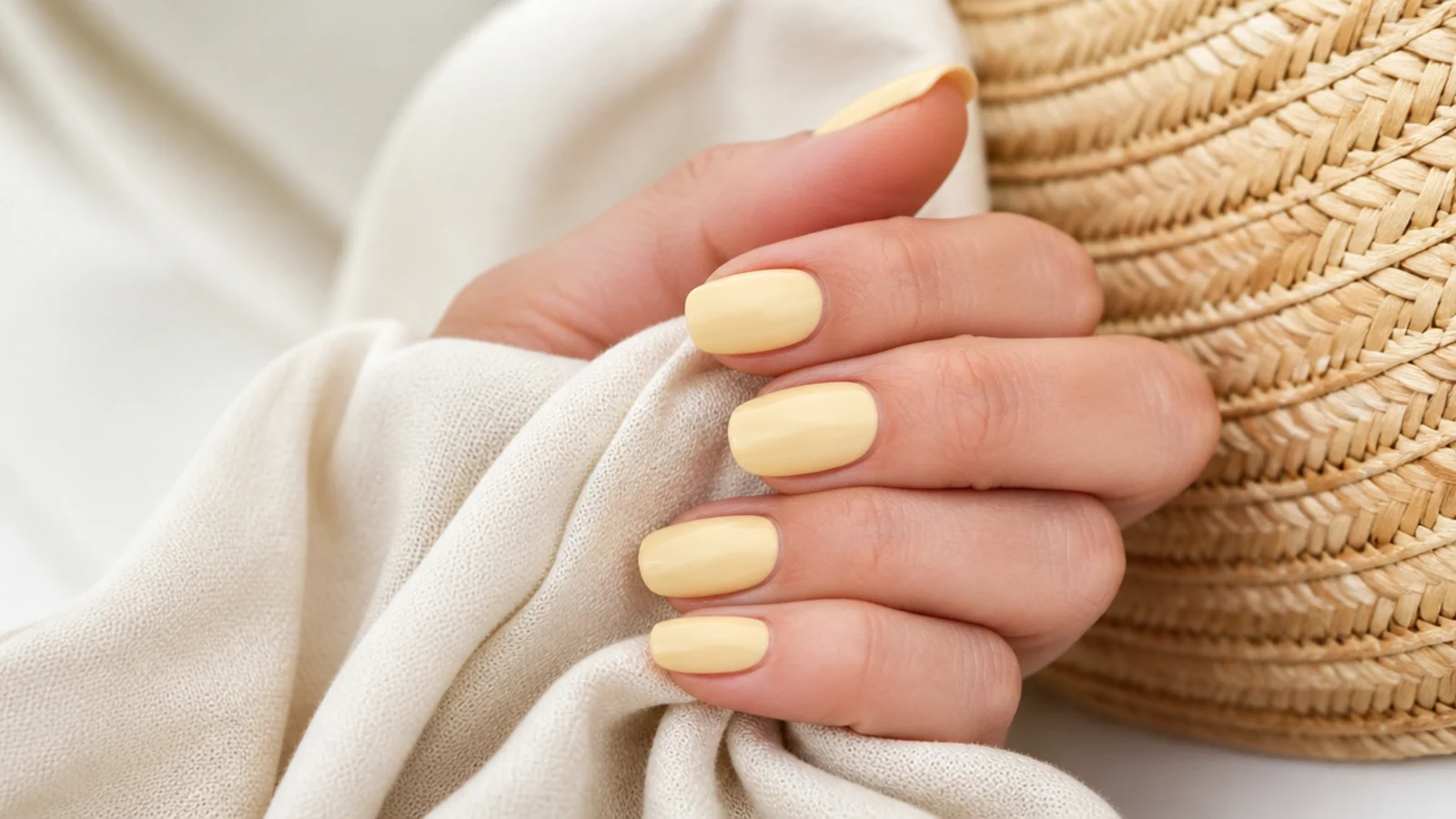 Short almond butter yellow nails in a soft creamy pastel finish