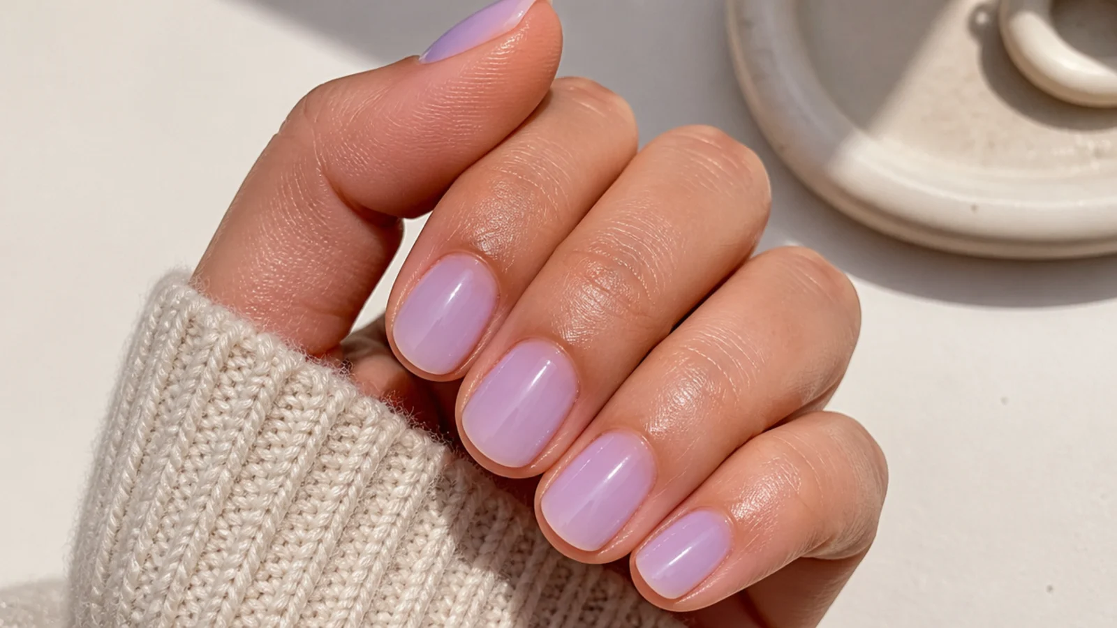 Short soap nails with a glossy translucent lavender-tinted clean finish