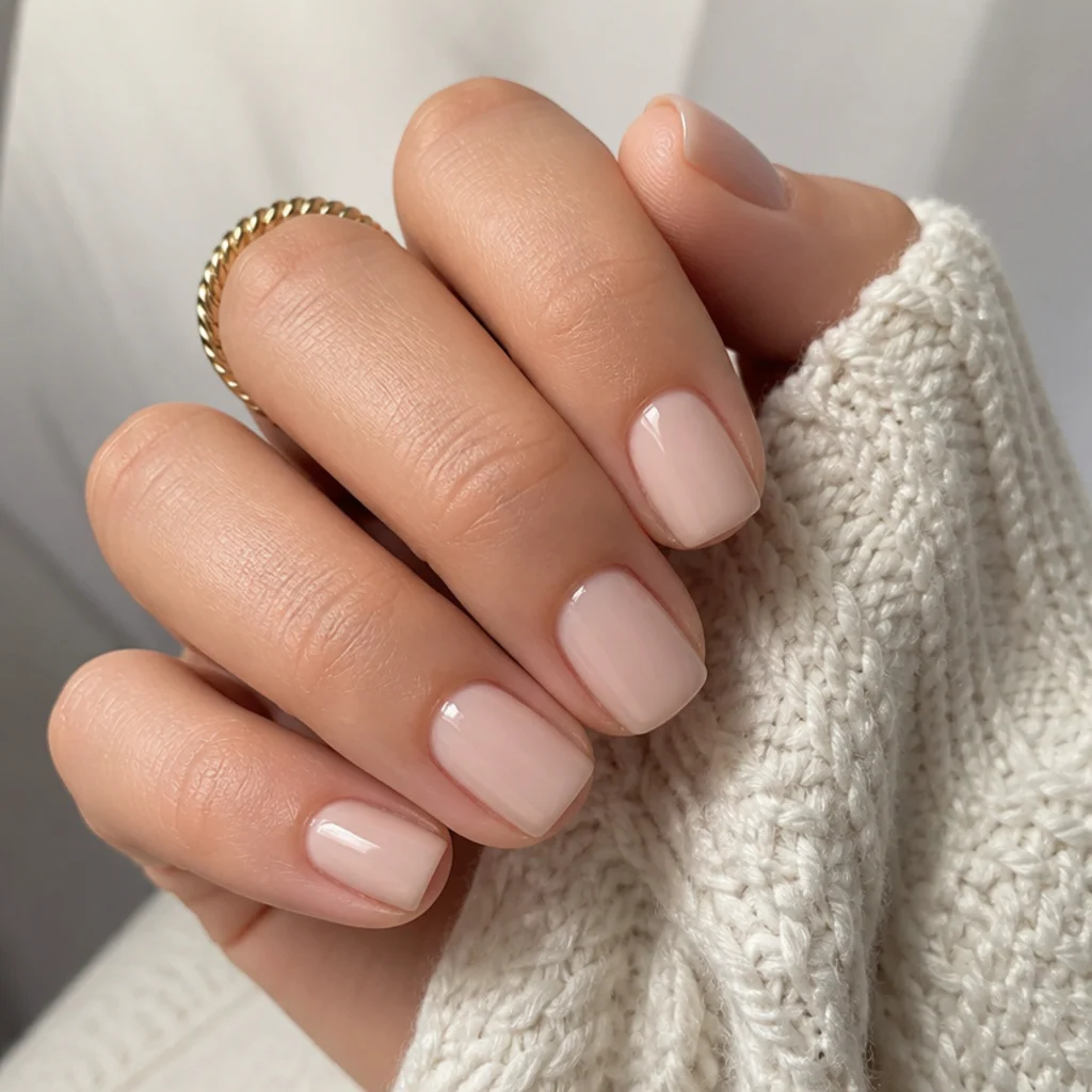 Short square clean-girl nails in a neutral nude with tidy squared tips