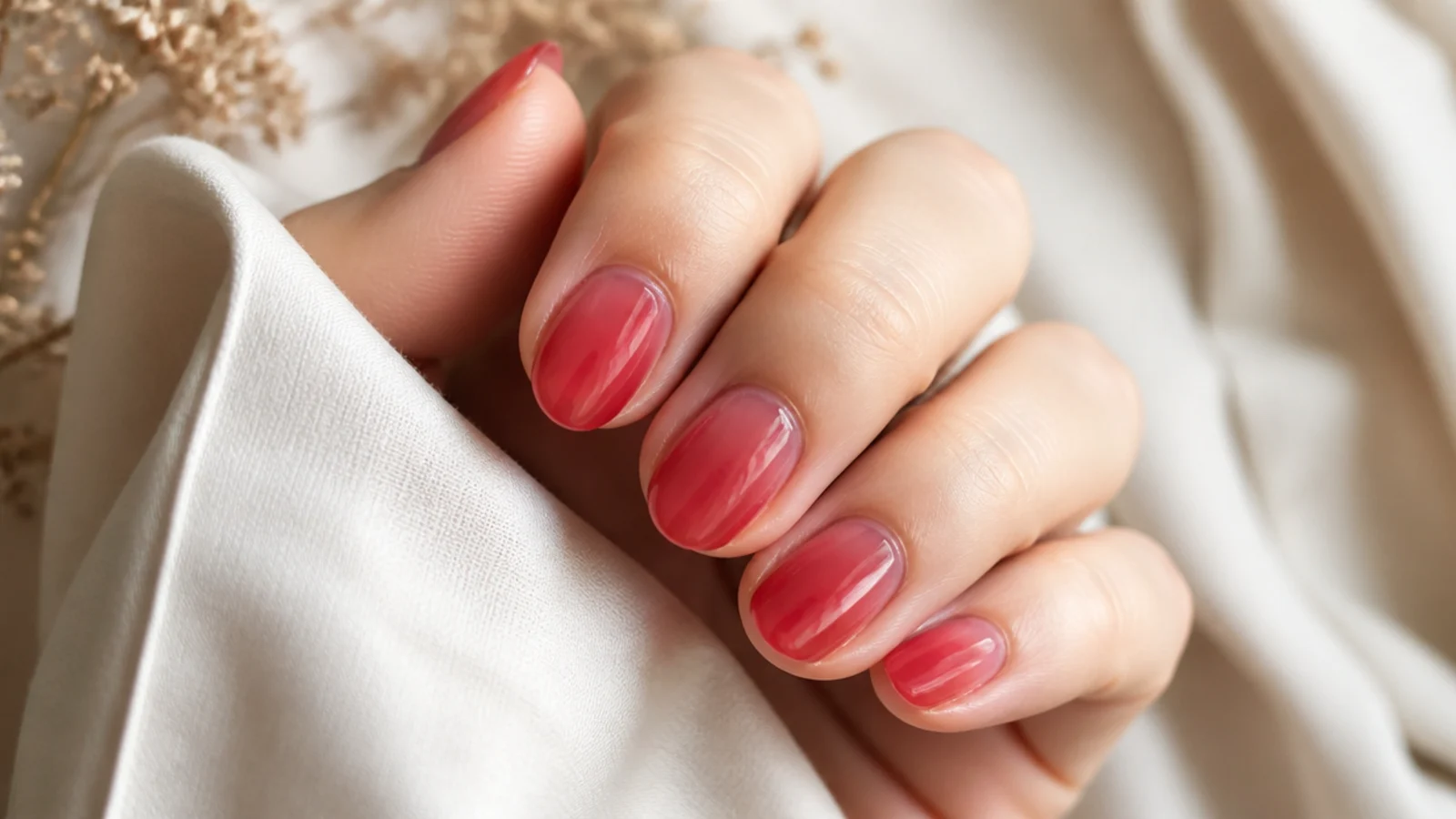 Short almond jelly nails in translucent cherry red showing the nail through the tint