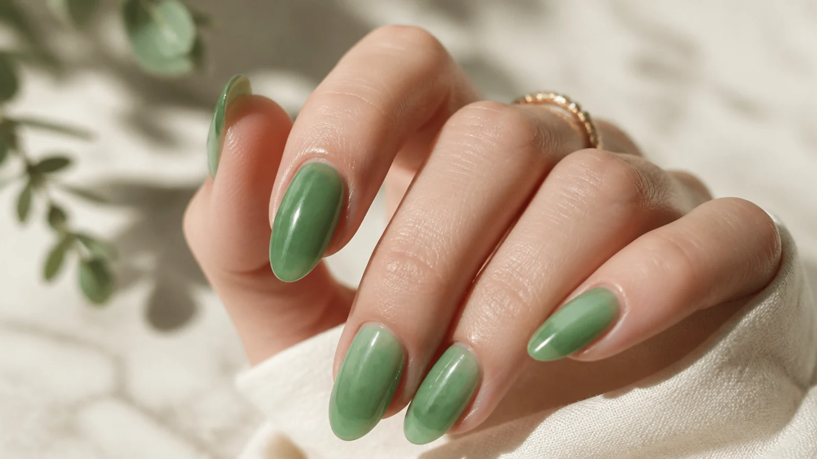 Almond sea-glass nails in a translucent cool jade green with a glassy sheen