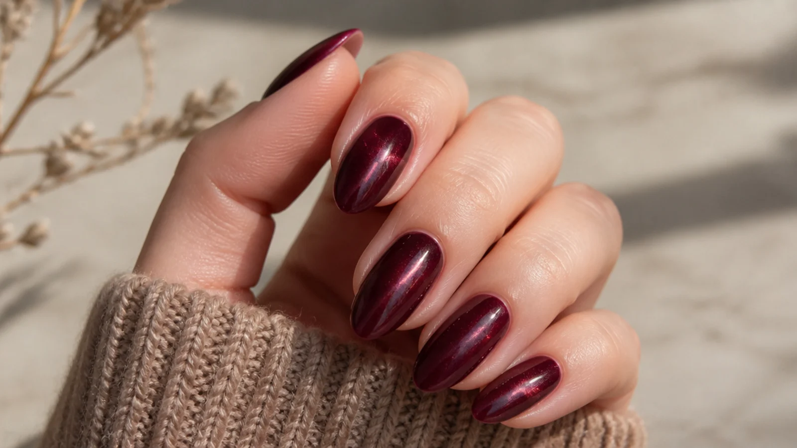 Almond velvet cat-eye nails in deep burgundy with a magnetic shifting light streak