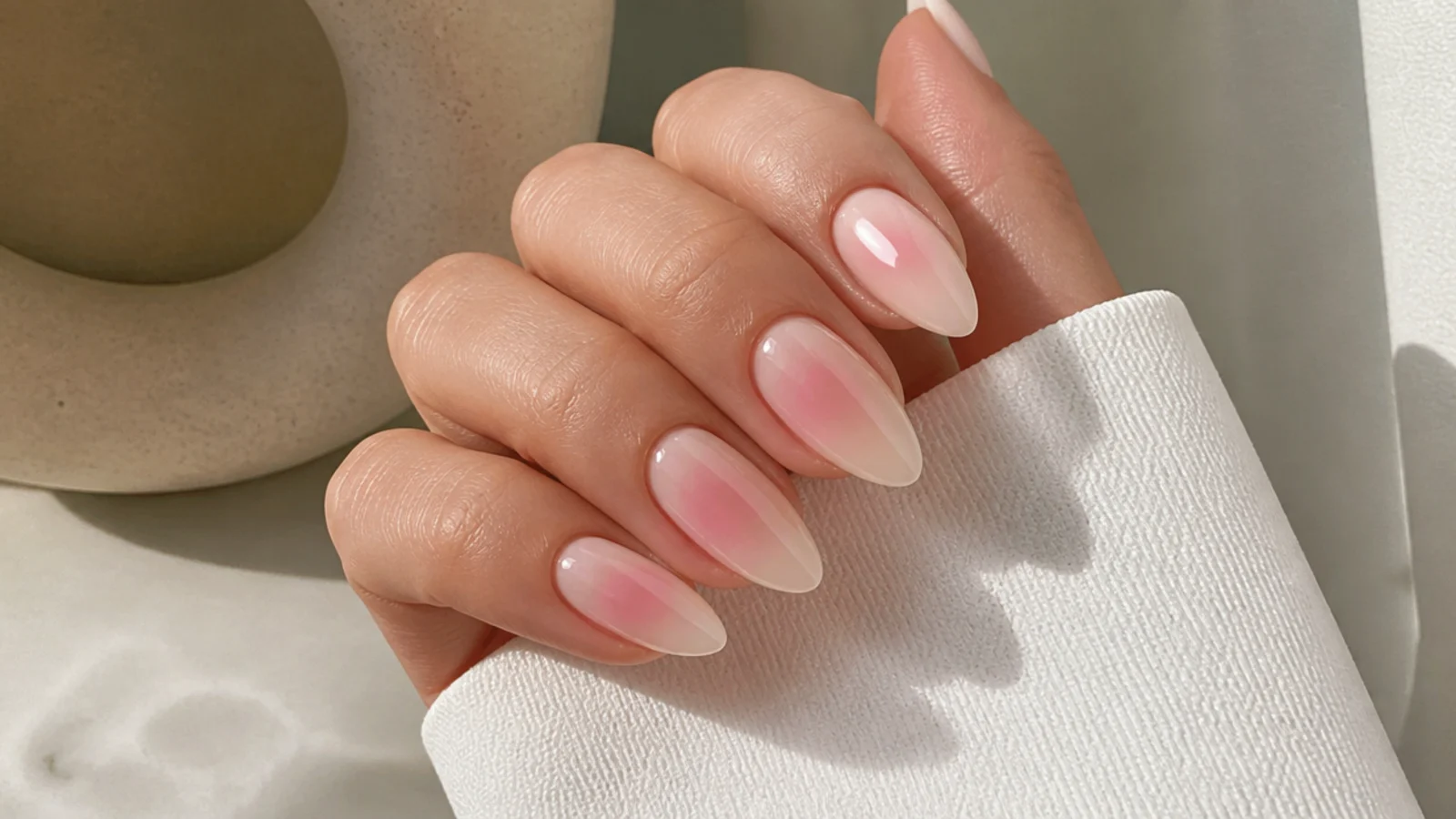 Almond aura nails with a soft airbrushed pink halo glowing from the center of a nude base