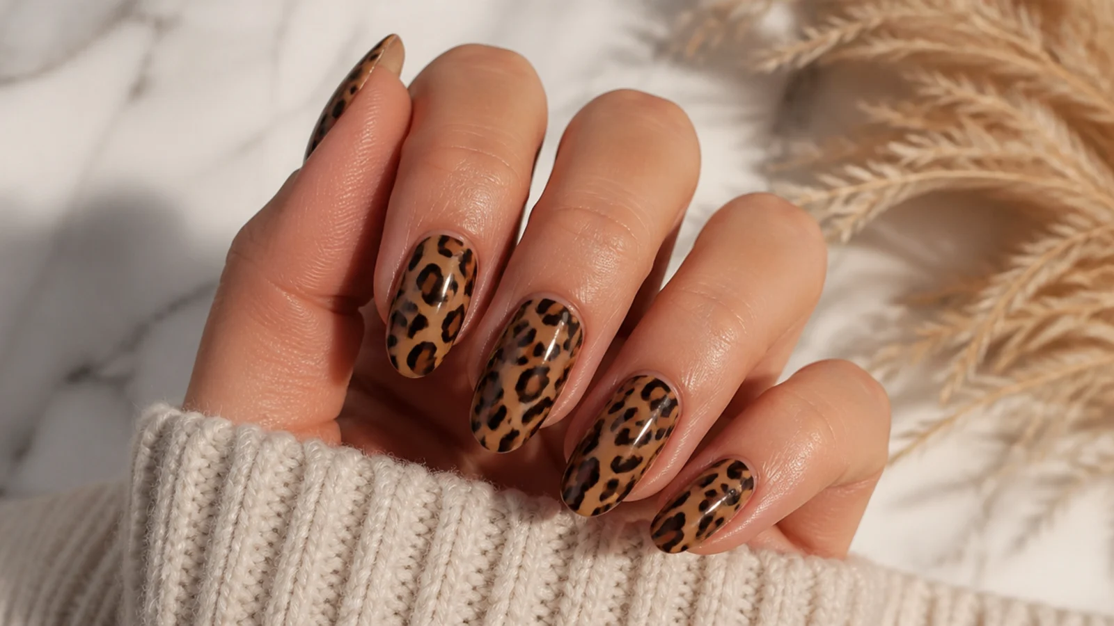 Almond animal print nails with brown and black leopard spots on a caramel base