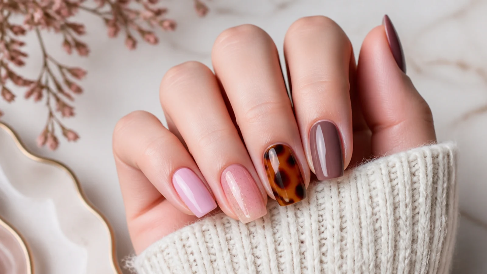 Four seasonal swatches showing pastel spring, jelly summer, tortoiseshell fall and velvet winter nails