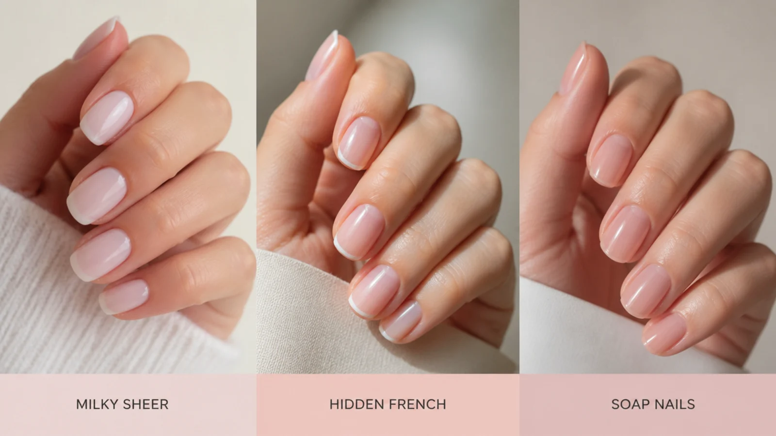 Three hands showing milky sheer, hidden French and soap nails as everyday neutral manicures