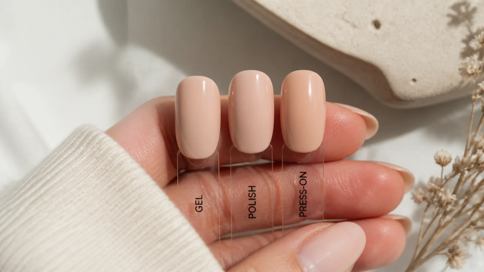 Three nail tips compared showing gel, regular polish and press-on finishes side by side